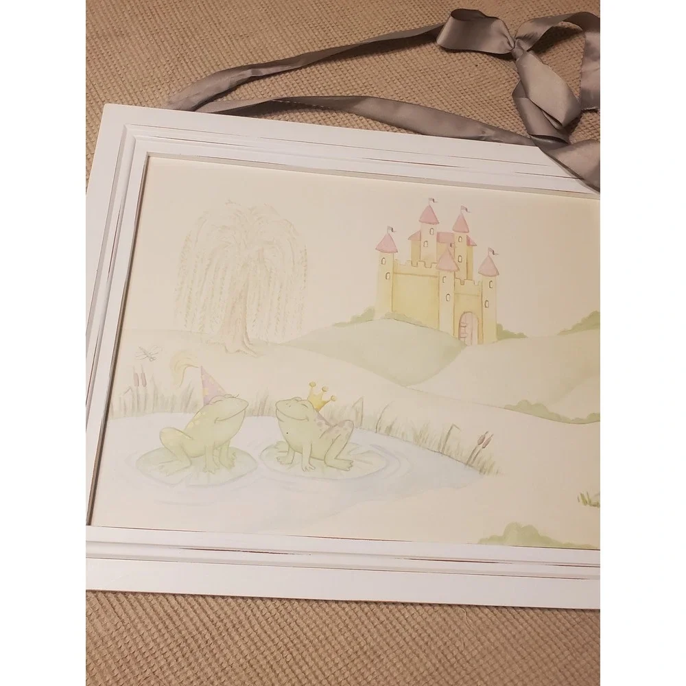 Wendy Bellissimo Frog Prince Framed Art White Pastel Nursery Wall Decor Large OS